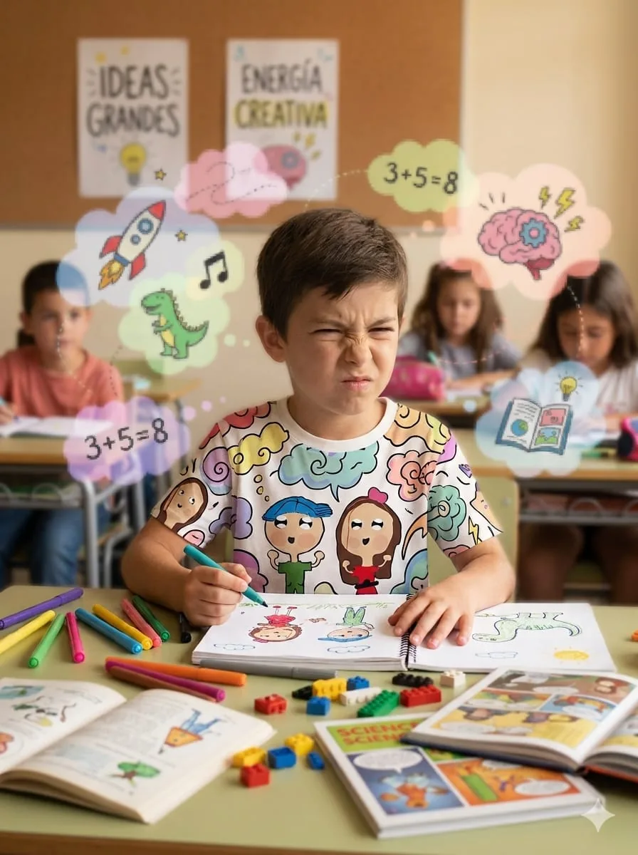 Niño en un salón de clases realizando una actividad visual